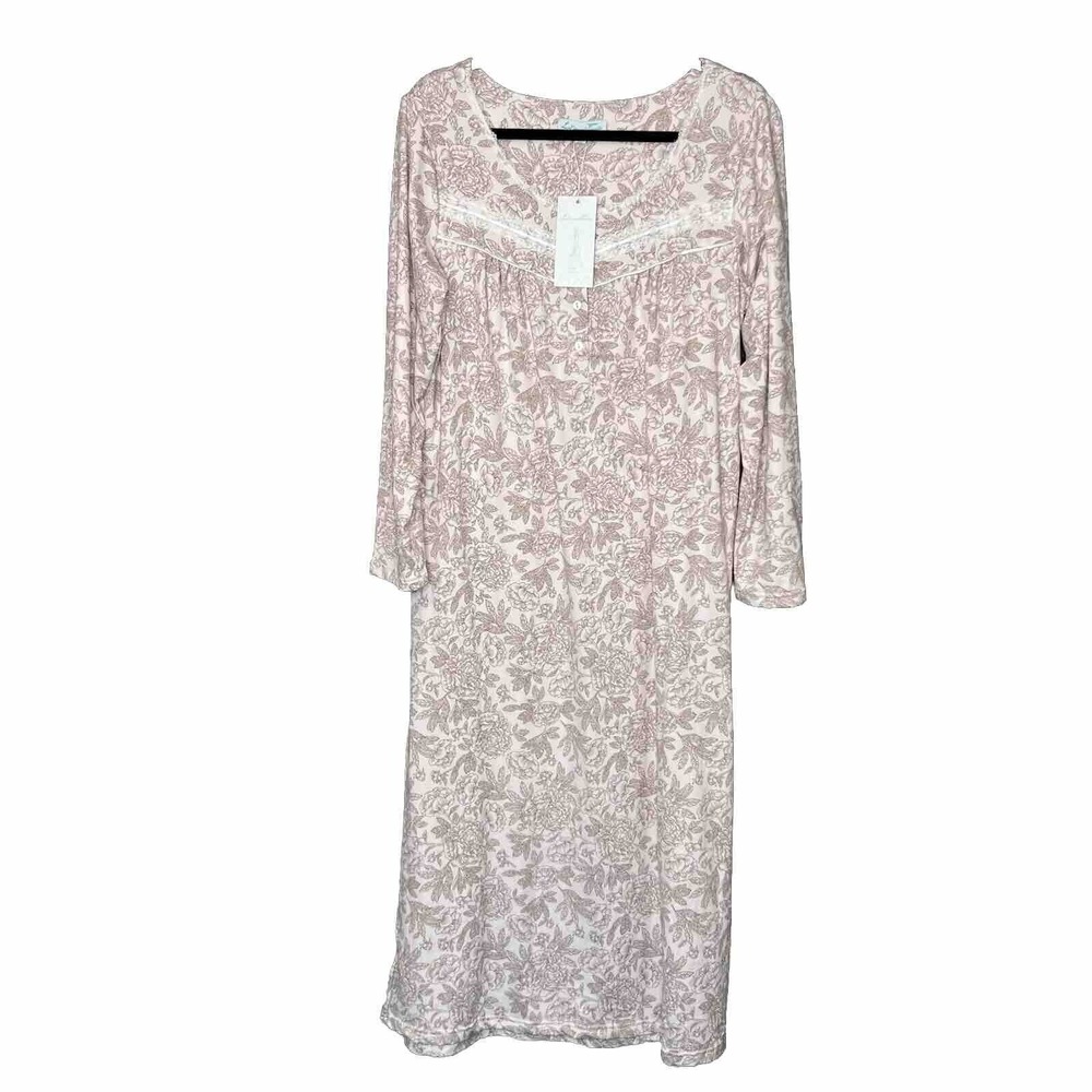 Nightgown Long Sleeve Floral Pink‎ Tan Lace Trim Button Neck Size S New